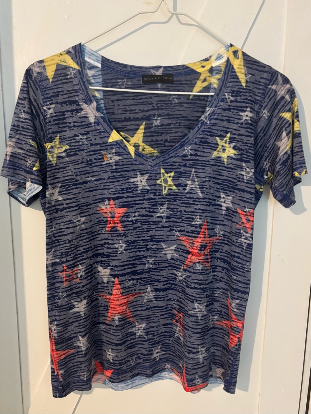 Nally & Millie USA Star Print V-Neck Short Sleeve Top Blue Red Yellow